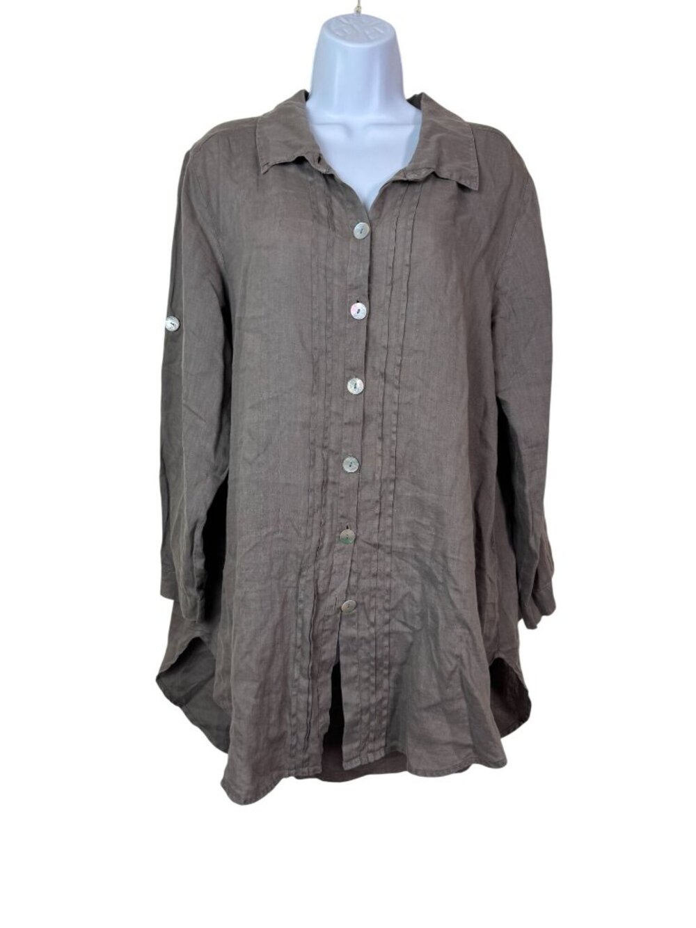 Match Point Womens Olive 100% Linen Button Up Long Sleeve Tunic Top Size Small